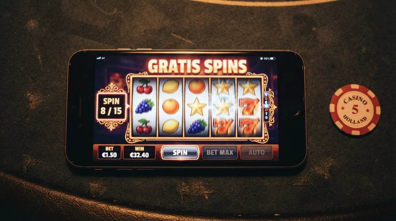 Een close-up van een gokkastscherm met het woord “Free Spins” verlicht en het aantal resterende draaibeurten zichtbaar.