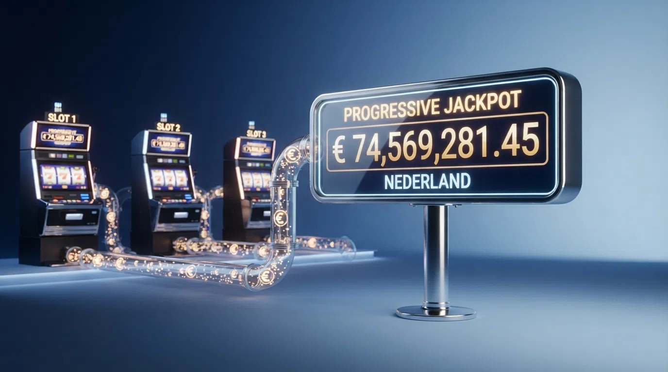 diagram dat visueel uitlegt hoe een percentage van elke inzet naar de progressieve jackpotpool vloeit, met stijgende jackpotmeter