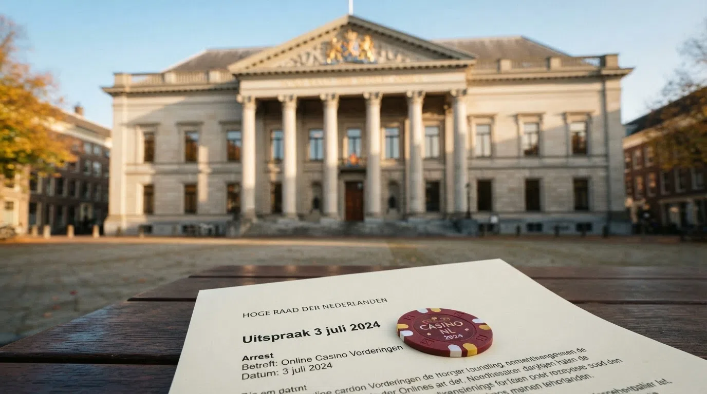 Het gebouw van de Hoge Raad der Nederlanden aan het Korte Voorhout in Den Haag, met op de voorgrond een juridisch document