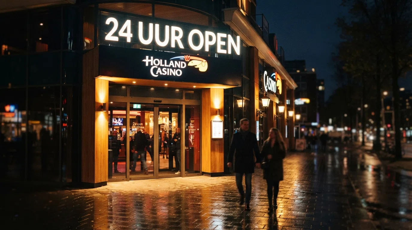 De verlichte entree van Holland Casino Amsterdam-West bij avond, met het 24-uur-open-bord zichtbaar bij de ingang