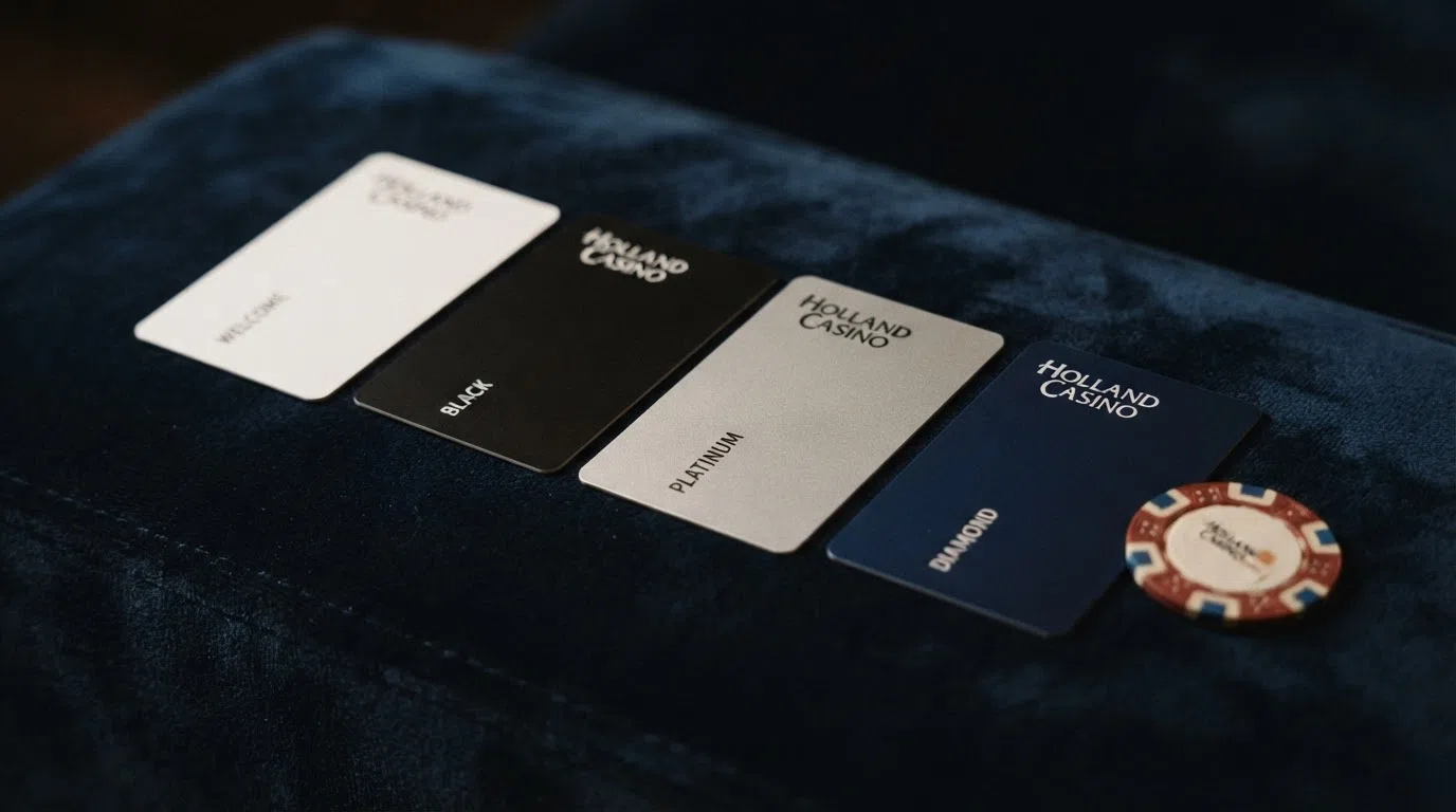 De vier Holland Casino Favorites-kaarten (Welcome, Black, Platinum, Diamond) naast elkaar op een wit vlak, aflopend van links naar rechts