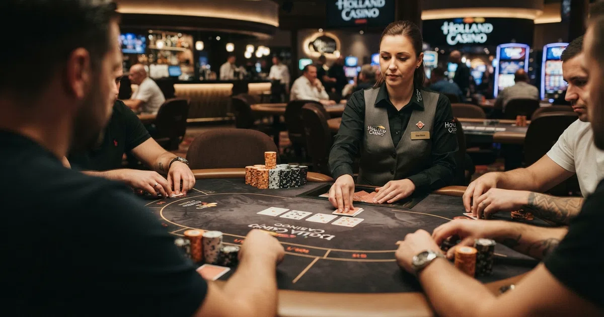 Een pokertafel in een Holland Casino-vestiging met een dealer die kaarten deelt aan spelers, pokerfiches op het groene laken