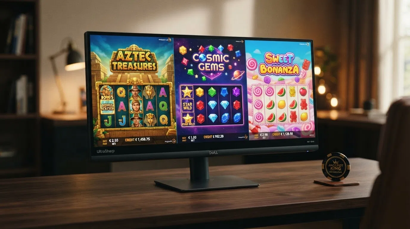 Drie slot-tegels naast elkaar: Book of Dead, Starburst en Sweet Bonanza, met hun aanbiederslogo's zichtbaar