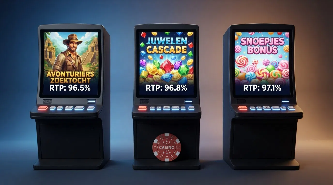 Drie populaire gokkasten — Book of Dead, Starburst en Sweet Bonanza — met hun RTP-percentages zichtbaar in de spelinterface