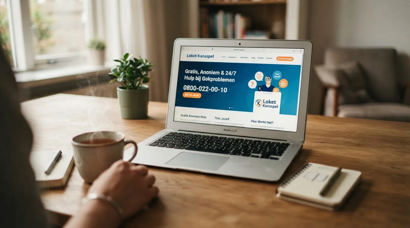 Het scherm van de website loketkansspel.nl op een laptop, met het telefoonnummer 0800-022-00-10 prominent in beeld en de tekst “gratis, anoniem, 24/7”