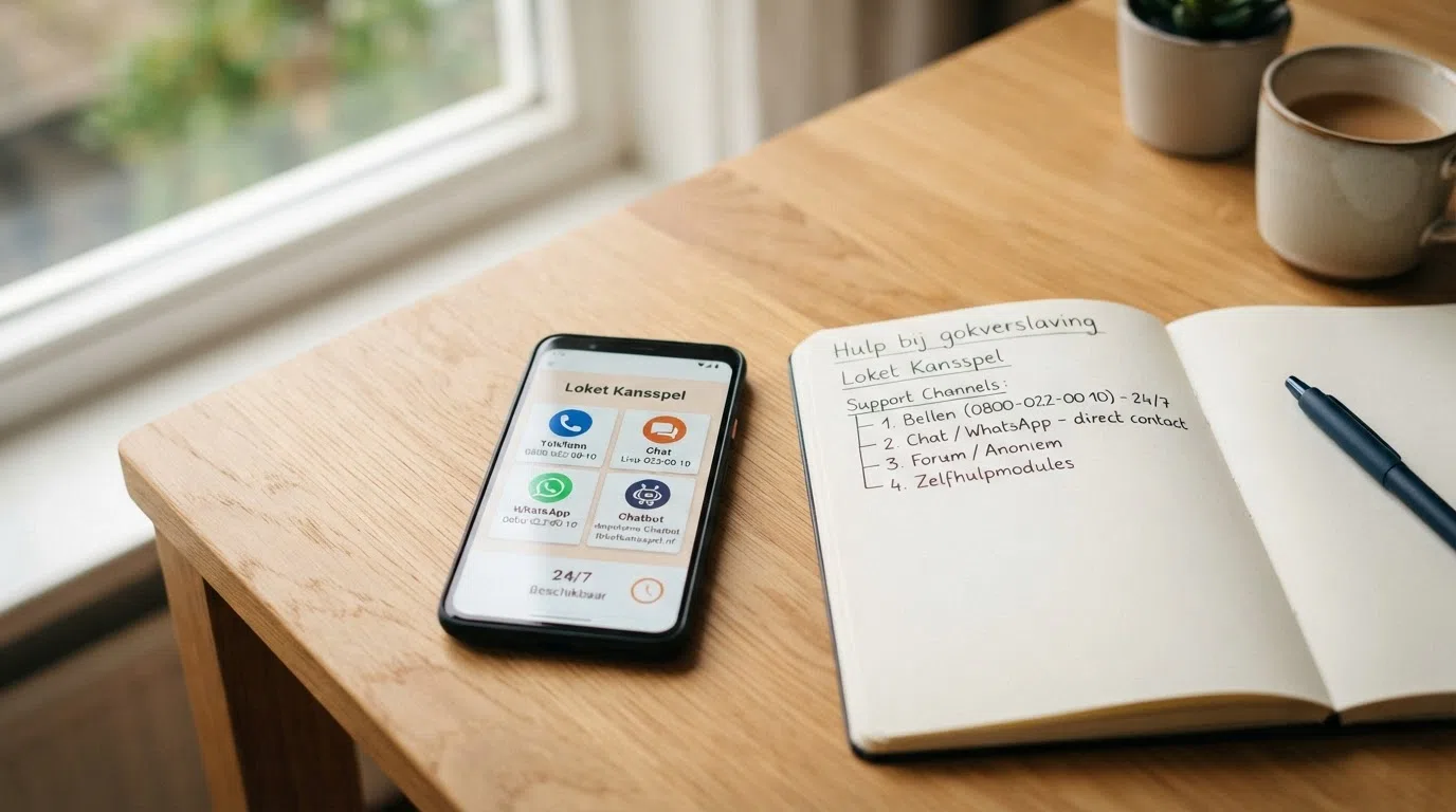 De contactkanalen van Loket Kansspel visueel op een rij: telefoon (24/7), chat, WhatsApp en chatbot — met een klok die de bereikbaarheid toont