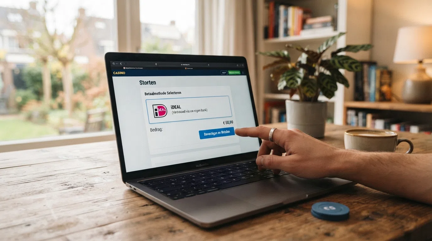 Een overzicht van de betaalopties op een KSA-casino-stortingspagina: iDEAL, creditcard en Trustly