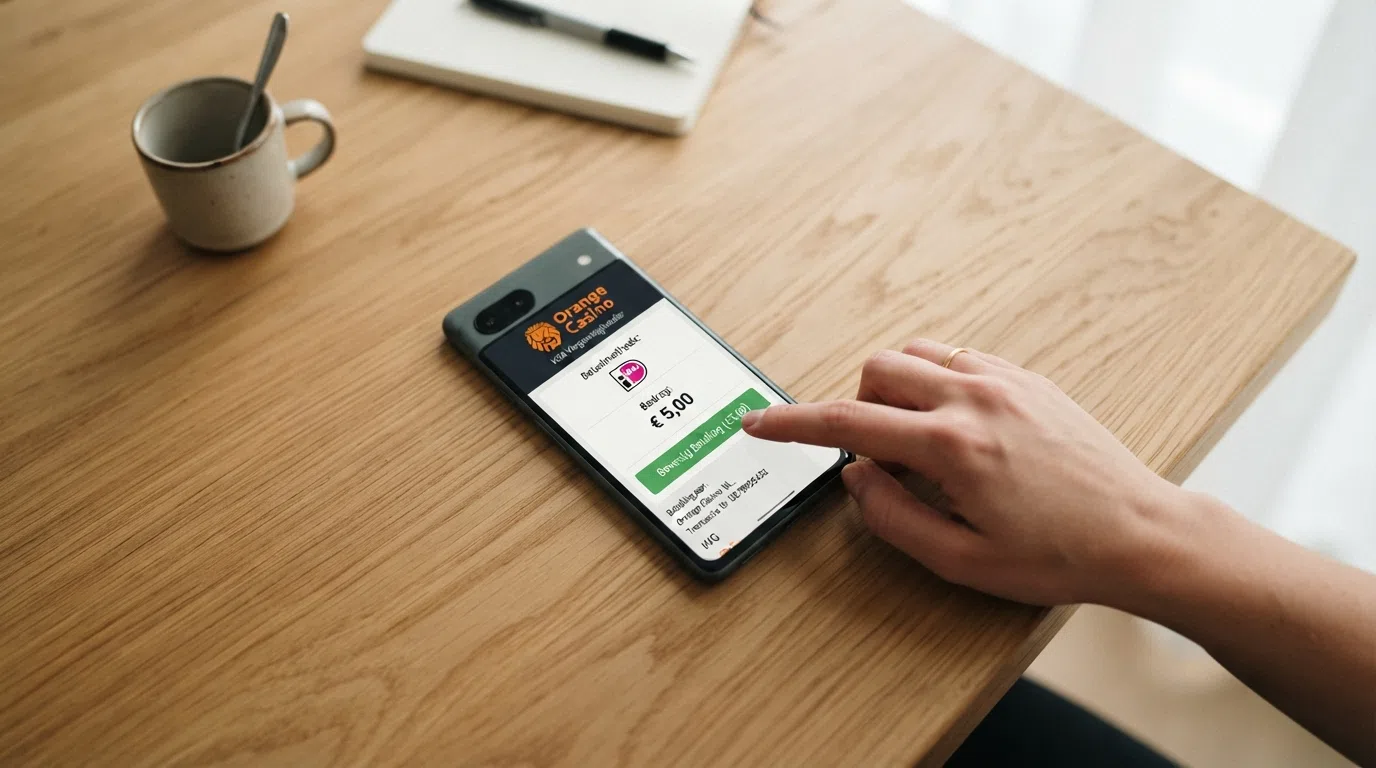 Het iDEAL-betaalscherm op een smartphone, met het logo van een Nederlandse bank en een storting van €5