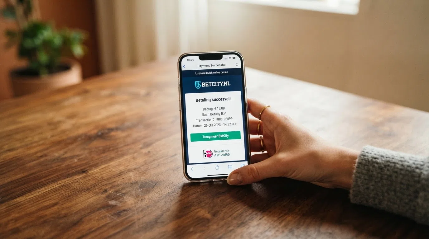 iDEAL-betaalomgeving op een smartphone met een bevestigde casinostorting van €10