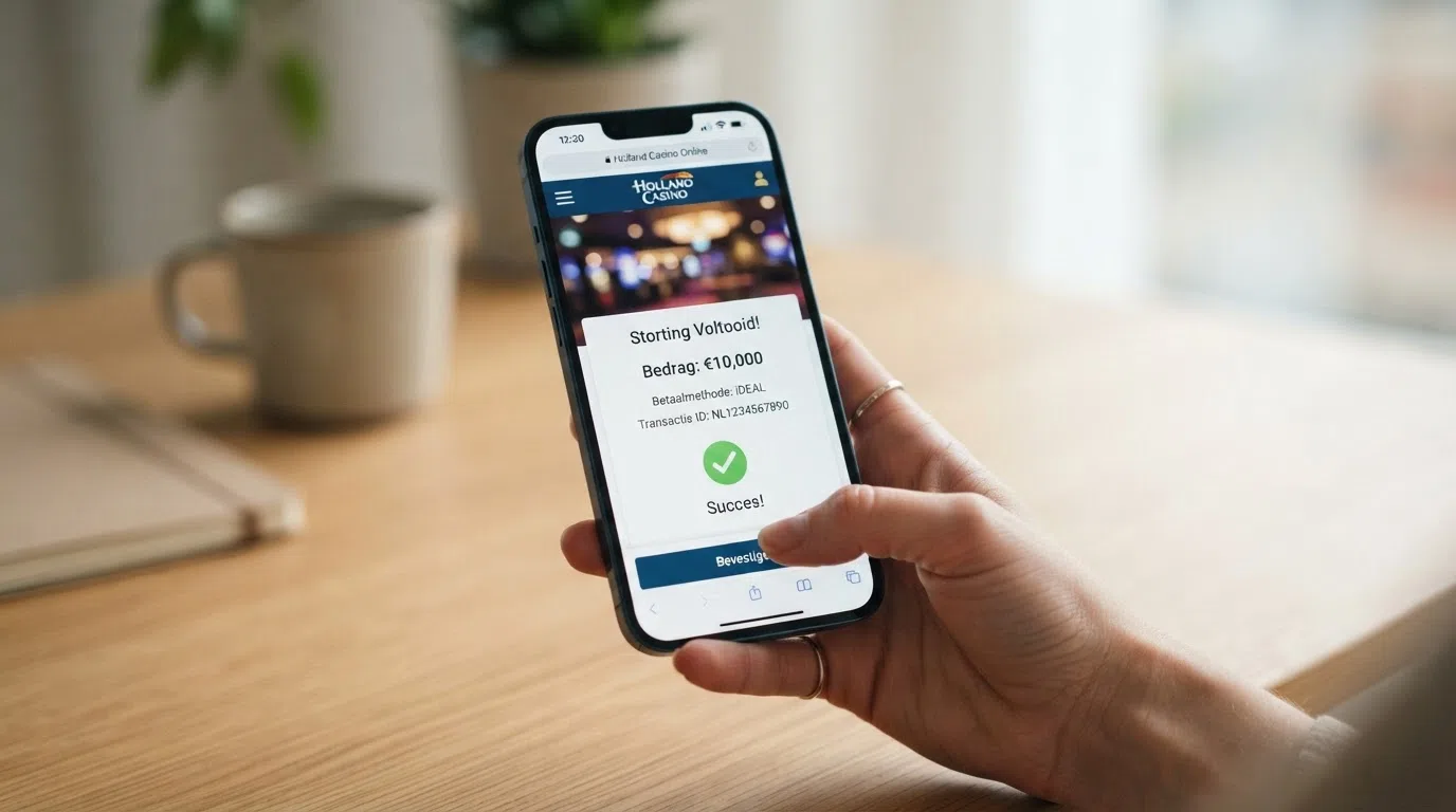 Close-up van een smartphone met het iDEAL-bevestigingsscherm voor een storting van €10 bij een online casino, met het casino-logo vaag zichtbaar op de achtergrond.