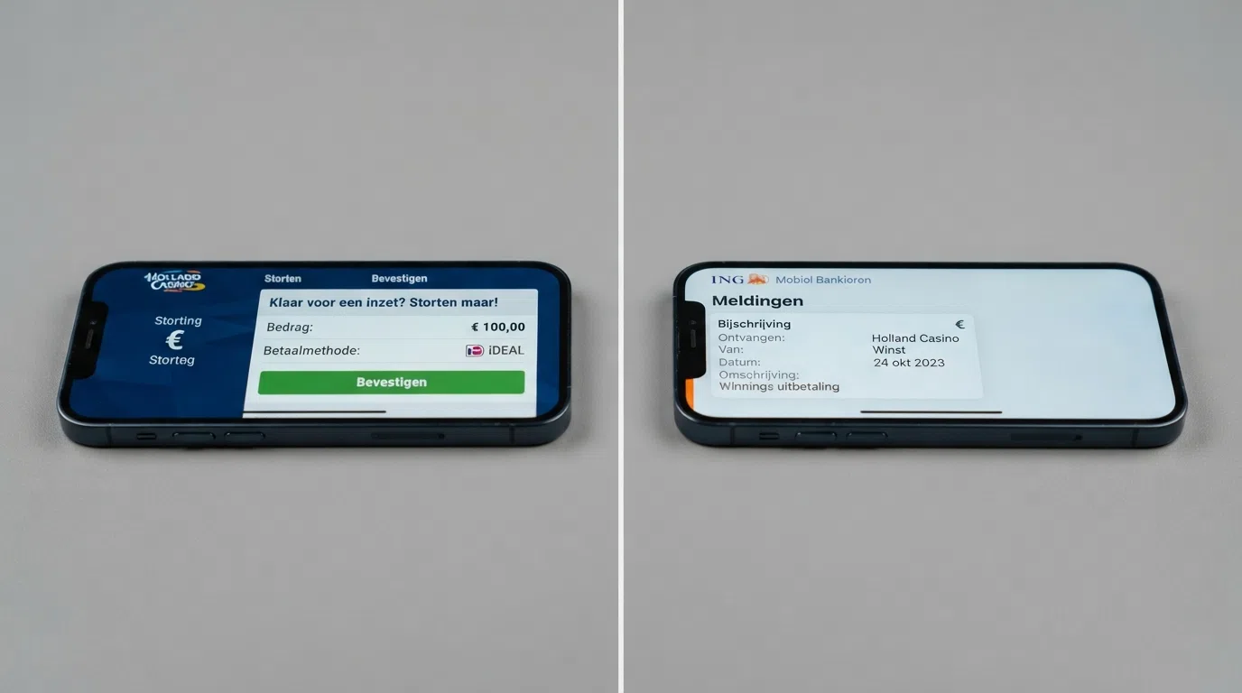 Een split-screen: links het iDEAL-betaalscherm voor stortingen, rechts een bank-app met een SEPA-bijschrijving van casino-winst