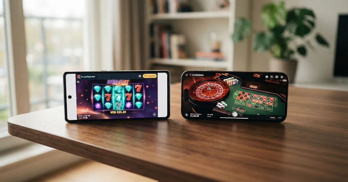 Twee smartphones naast elkaar met op het ene scherm een Nederlandse KSA-vergunde goksite en op het andere een internationale casino-interface
