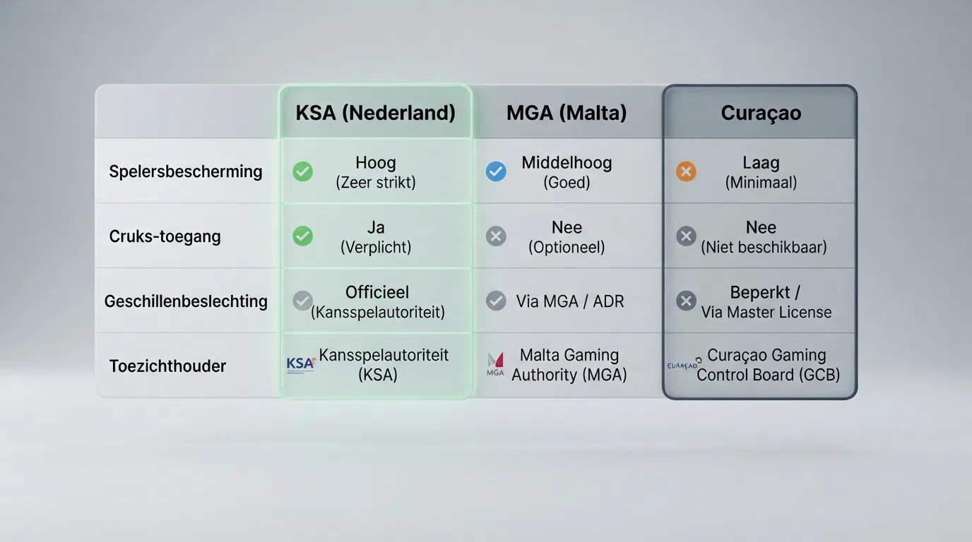 Een overzichtelijke vergelijking van drie kansspellicenties: KSA (Nederland), MGA (Malta) en Curaçao, met bijbehorende spelersbeschermingsniveaus