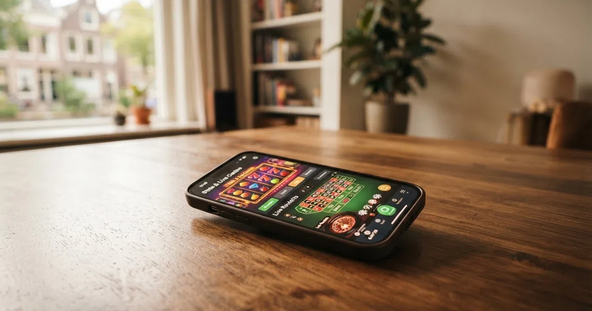Een iPhone met daarop een geopende Nederlandse casino app die slots en live casino-spellen toont