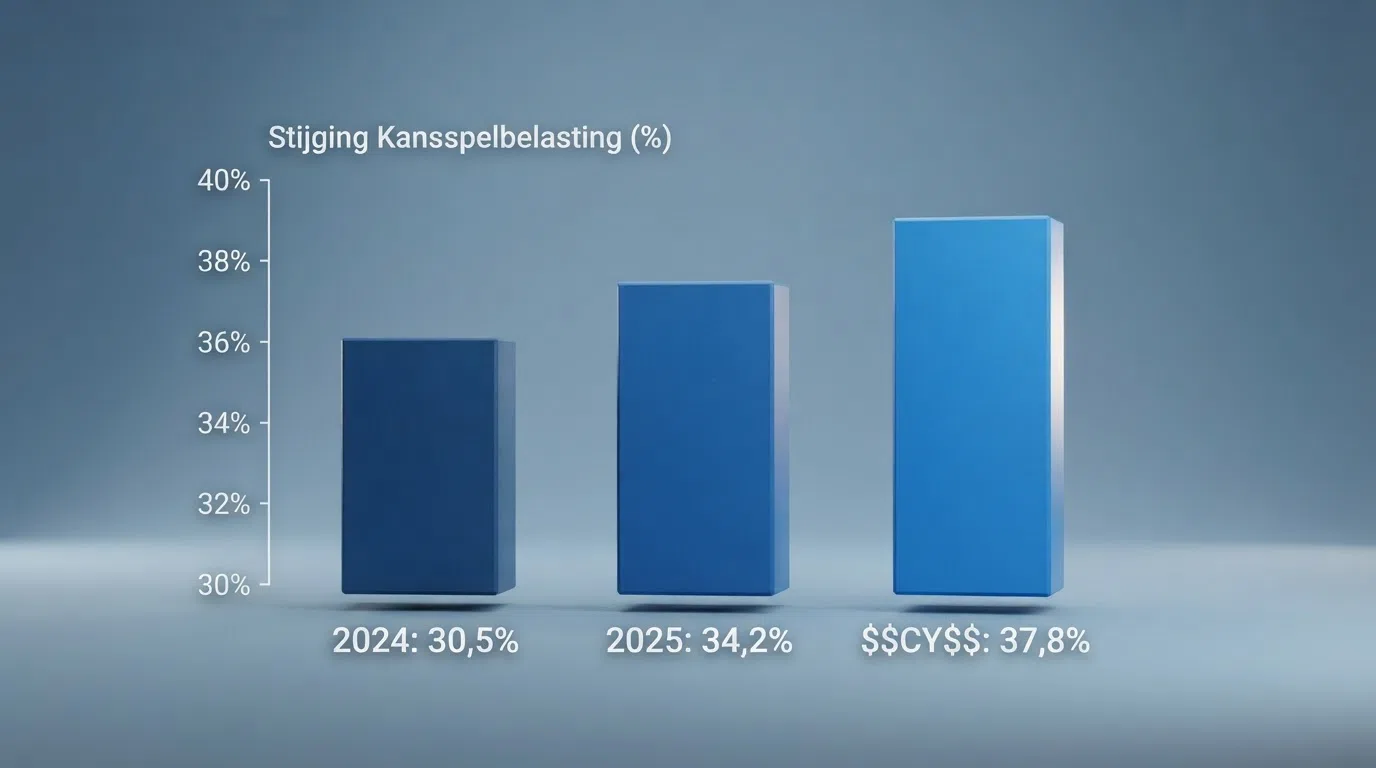 Een staafdiagram dat de stijging van het kansspelbelastingtarief van 30,5% in 2024 via 34,2% in 2025 naar 37,8% in 2026 laat zien