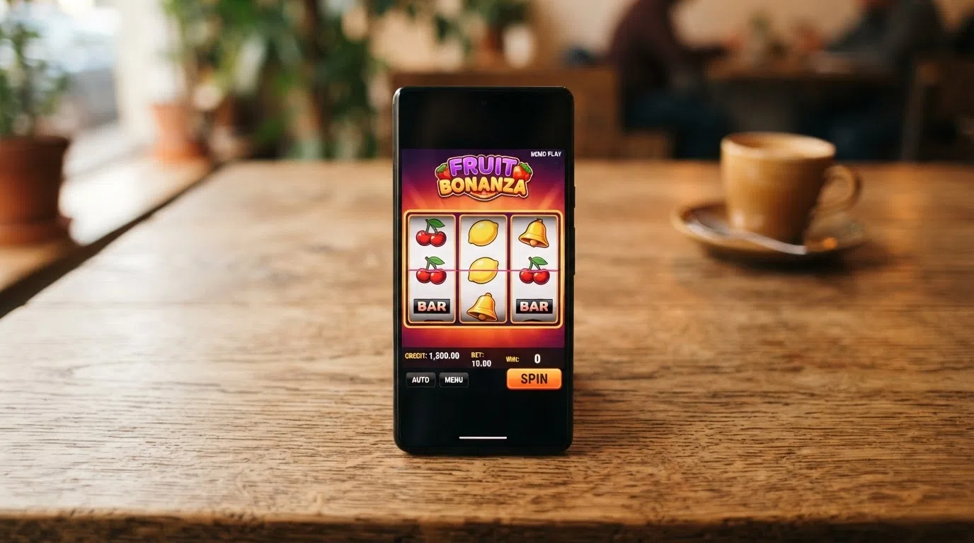 Het speelscherm van een klassieke gokkast in demo-modus met speelgeld-tegoed en fruit-, ster- en BAR-symbolen op de rollen