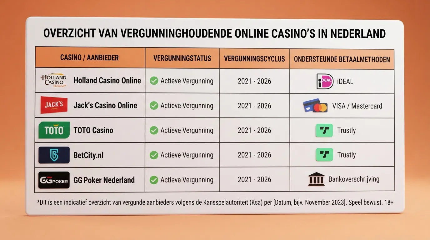 De vergelijkingstabel van KSA-vergunde casino's met kolommen voor licentie, vergunning en Klarna-acceptatie