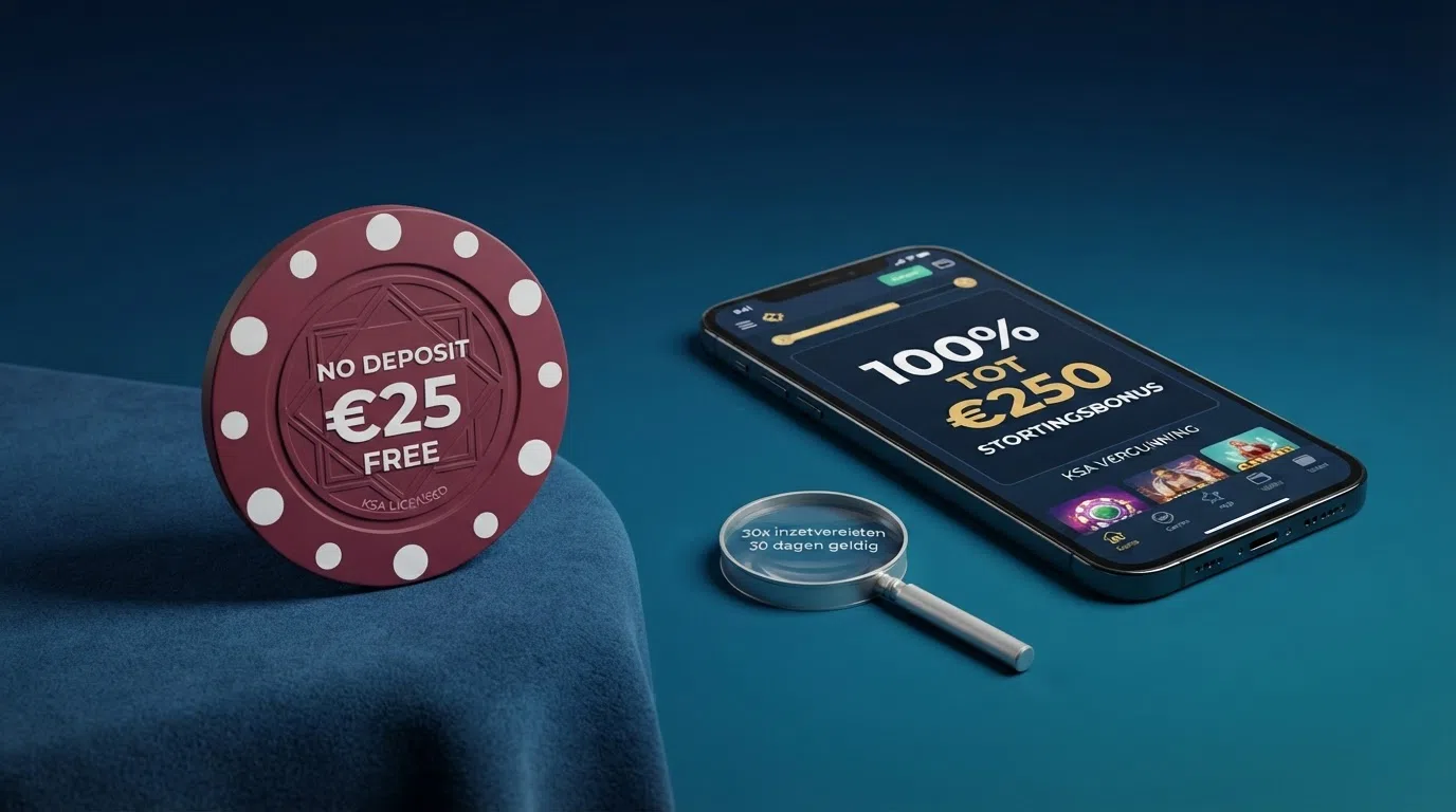 Twee KSA-vergunde casino-bonustegoeden naast elkaar — links een no deposit bonus van €25 met inzetvereiste 30x, rechts een stortingsbonus van 100% tot €250 met kleine lettertjes onder het aanbod