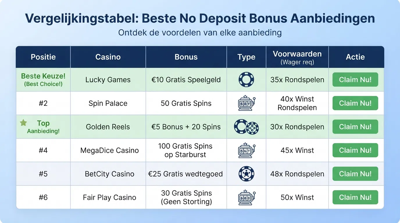Een rij Nederlandse online casino-logo's naast elkaar, met een groen vinkje bij de twee operators die een no deposit bonus aanbieden