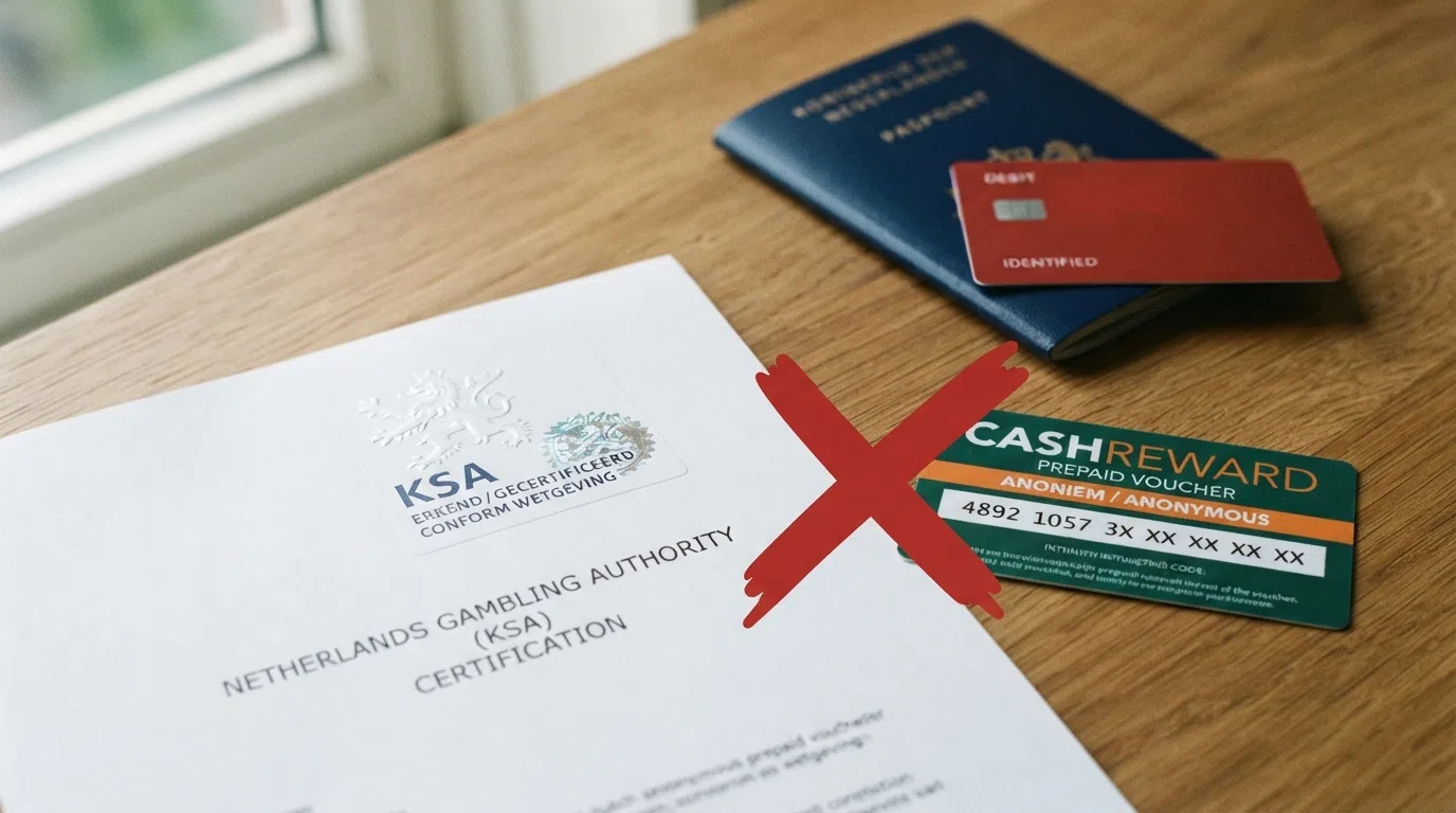 Het officiële KSA-keurmerk naast het CashToCode-logo met een rood kruis ertussen — de twee systemen sluiten elkaar uit