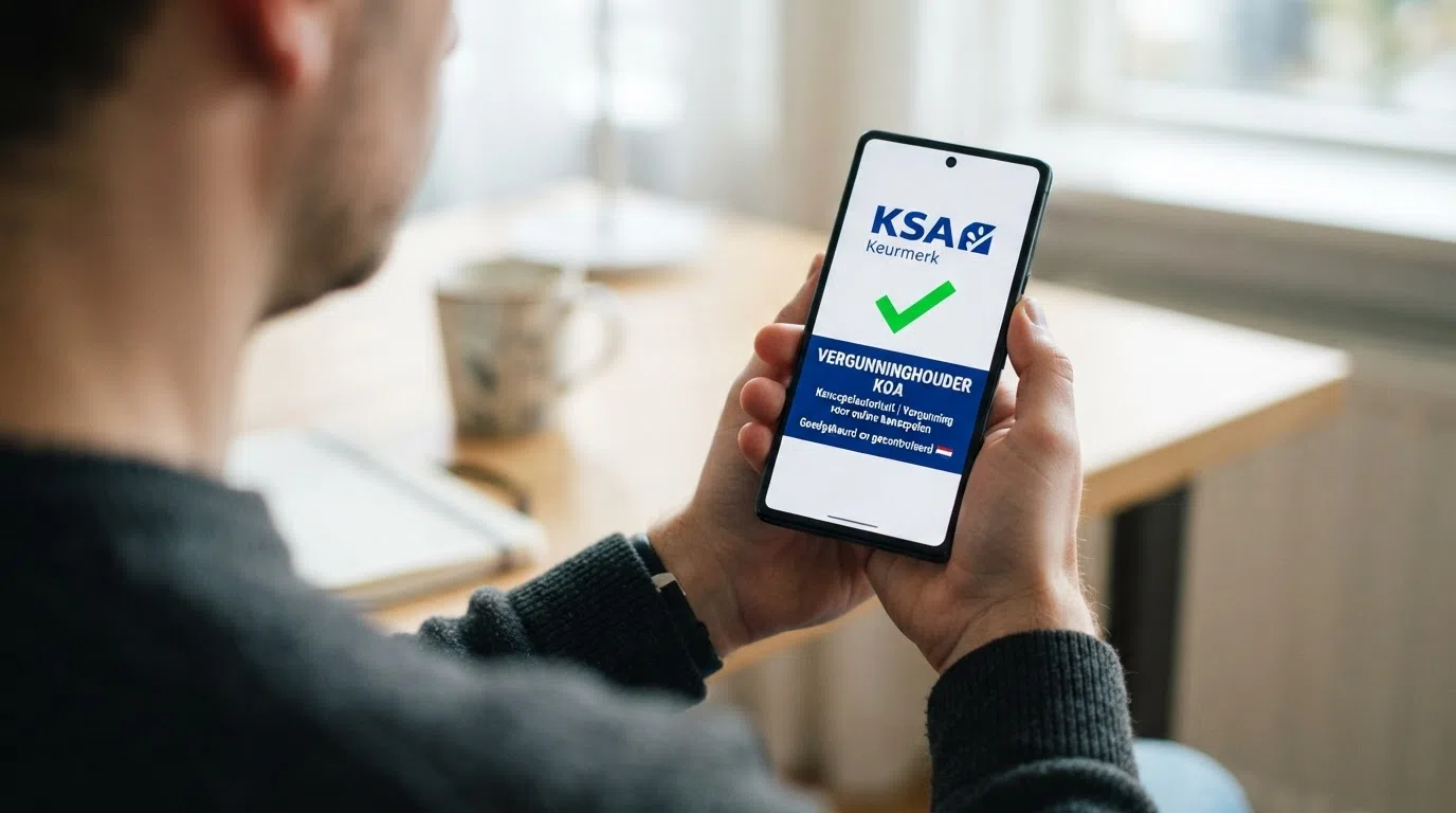 Het Kansspelautoriteit-keurmerk op een smartphonescherm, met een vinkje en de tekst “Vergunninghouder KOA”
