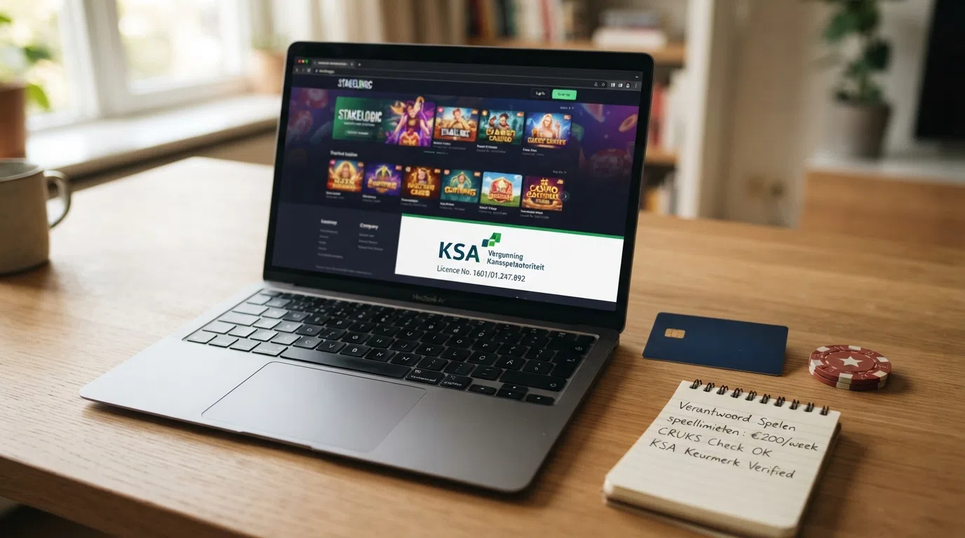 Het logo van de Kansspelautoriteit naast een slot-scherm met het Cruks-keurmerk zichtbaar in de footer