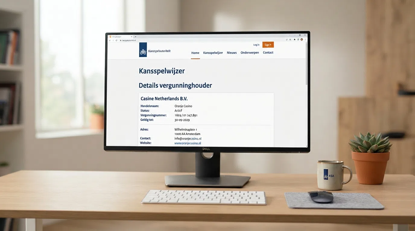 De homepage van de Kansspelautoriteit met het Kansspelwijzer-register geopend op een scherm, met een vergunningdetailpagina zichtbaar