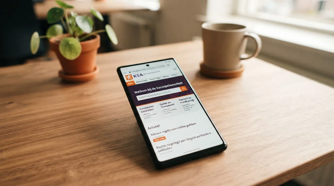 Het scherm van een smartphone toont de homepage van de Kansspelautoriteit met het Kansspelwijzer-register zichtbaar, met daarnaast het KSA-logo.