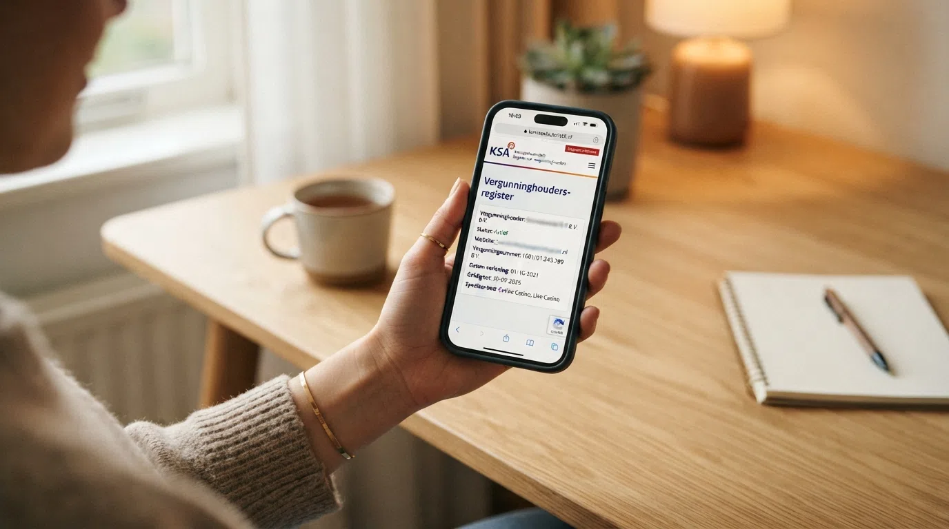 Het officiële logo van de Kansspelautoriteit naast het CRUKS-logo op een Nederlandse casino-website, met een smartphone die de vergunningenpagina van kansspelautoriteit.nl toont