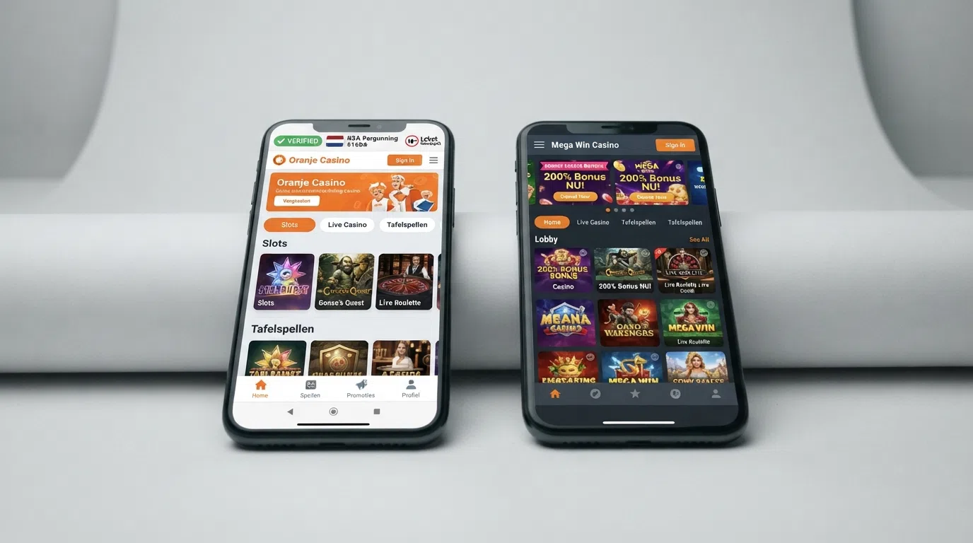Een overzichtelijke vergelijking tussen een KSA-keurmerkscherm met Cruks-integratie links en een offshore casino-interface zonder Nederlandse waarborgen rechts