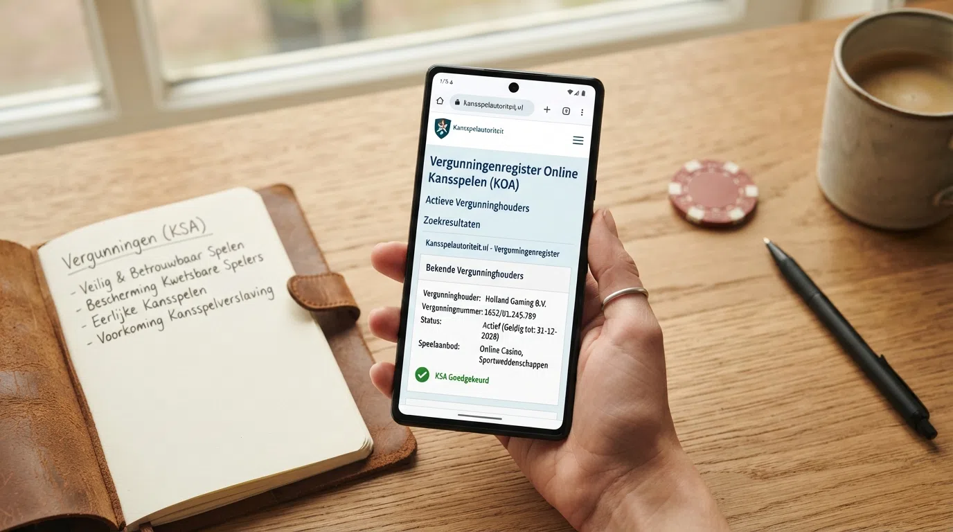 Het KSA-logo of een screenshot van het KSA-vergunningenregister op kansspelautoriteit.nl