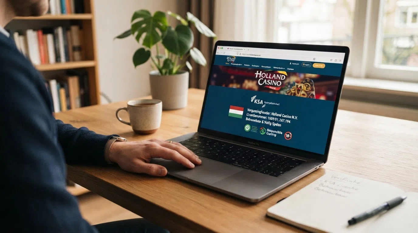 Het logo van de Kansspelautoriteit naast de tekst 'Vergunninghouder Kansspelautoriteit' in de voettekst van een casino-website, met het slot-icoon van een beveiligde verbinding in de browserbalk