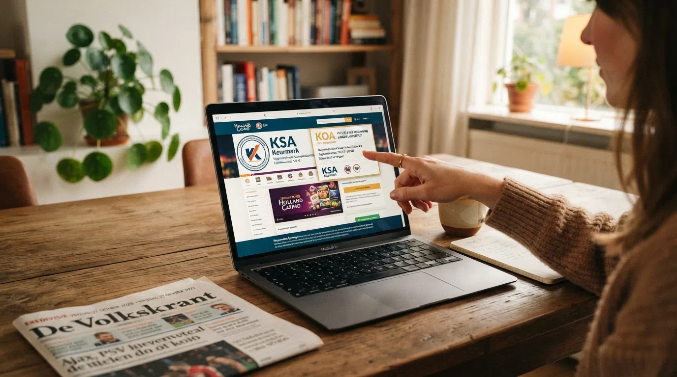 Het logo van de Kansspelautoriteit en een KOA-vergunningscertificaat op de homepage van een Nederlands online casino