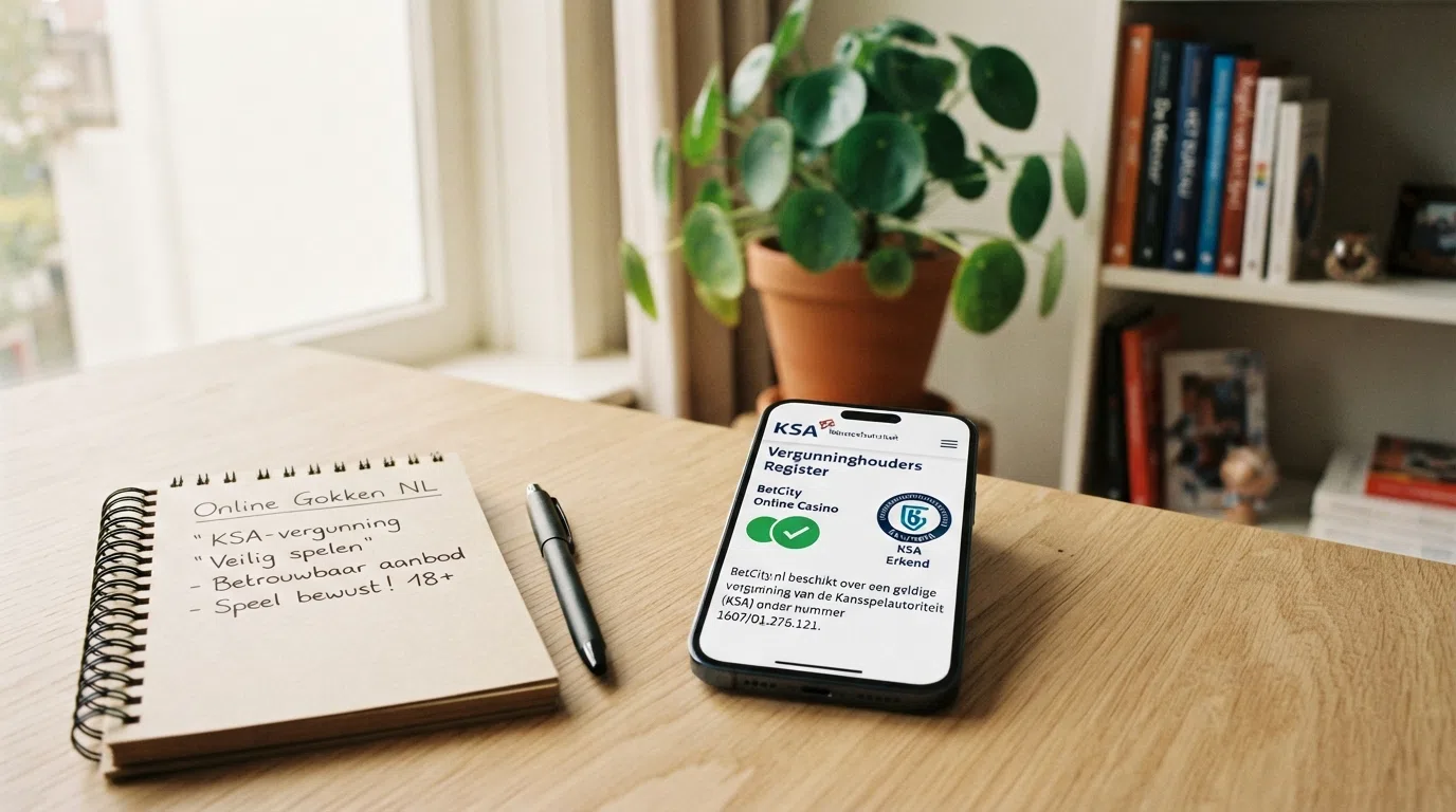 Het logo van de Kansspelautoriteit naast een smartphone die de Kansspelwijzer-pagina toont, met een vinkje bij een gecontroleerde vergunning