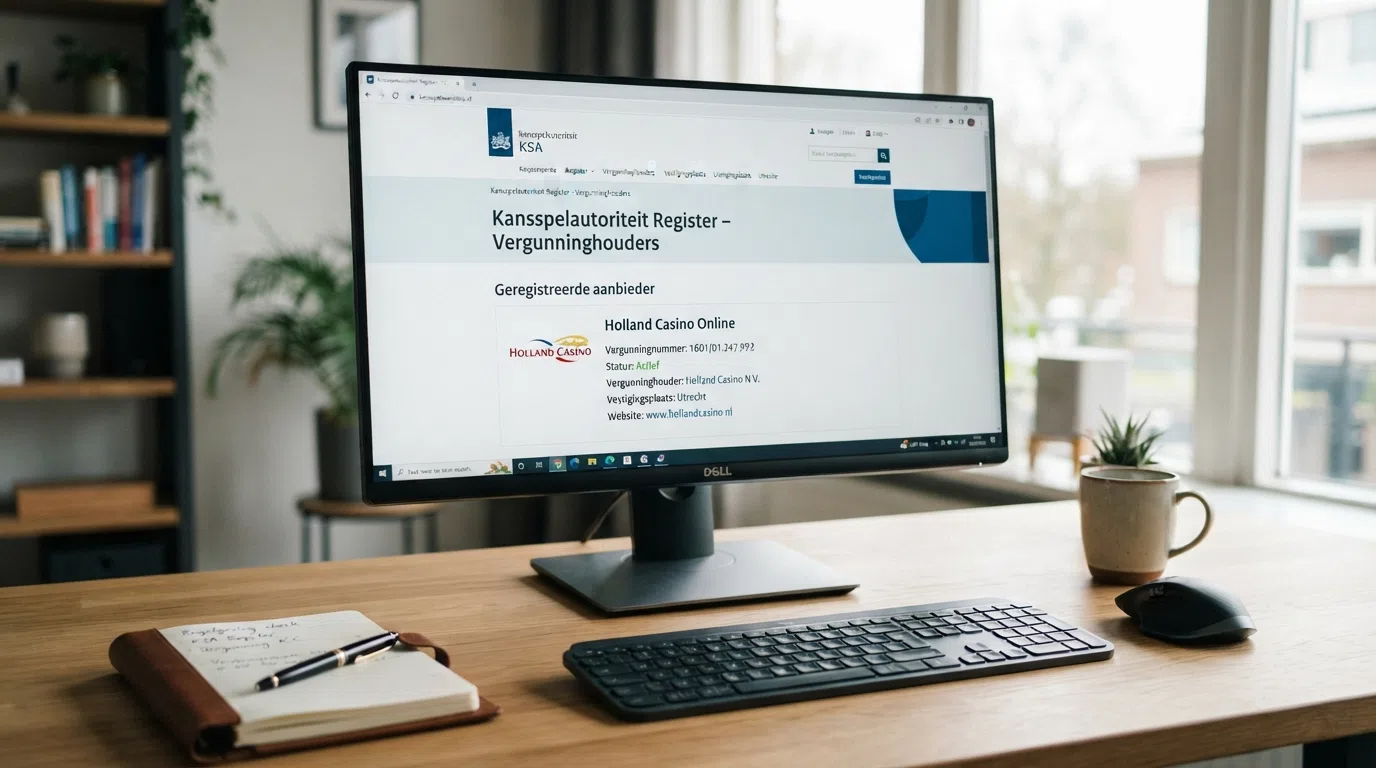 het logo van de Kansspelautoriteit naast een screenshot van het KSA-register met een zichtbare vergunningvermelding