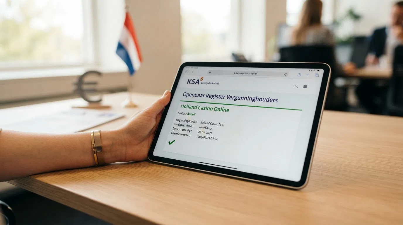 Het KSA-logo naast een screenshot van het openbare KSA-vergunningenregister met een Nederlandse operator gemarkeerd
