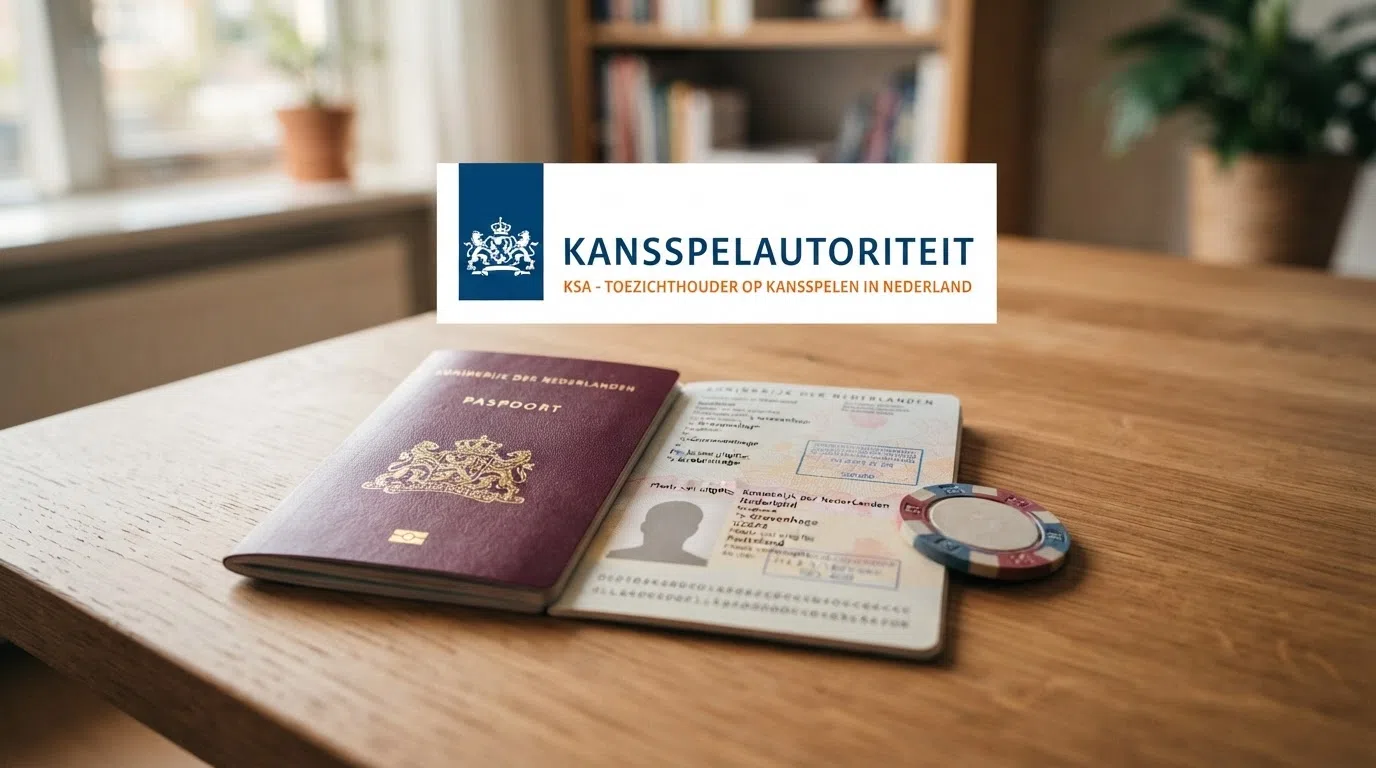 Het logo van de Kansspelautoriteit naast een Nederlands paspoort en een slot-symbool, met de tekst 'Vergund' prominent in beeld.