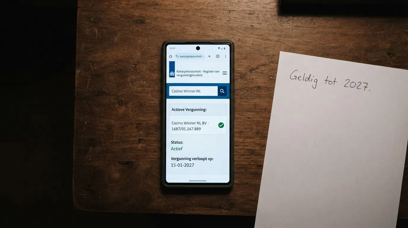 Close-up van het Kansspelautoriteit-register op een beeldscherm, met een ingevulde zoekbalk en het resultaat dat een actieve vergunning bevestigt