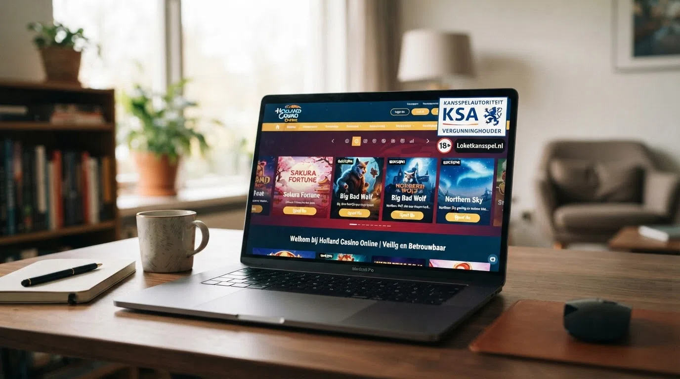 Het Kansspelautoriteit-keurmerk op de homepage van een Nederlands online casino, met het slotaanbod op de achtergrond