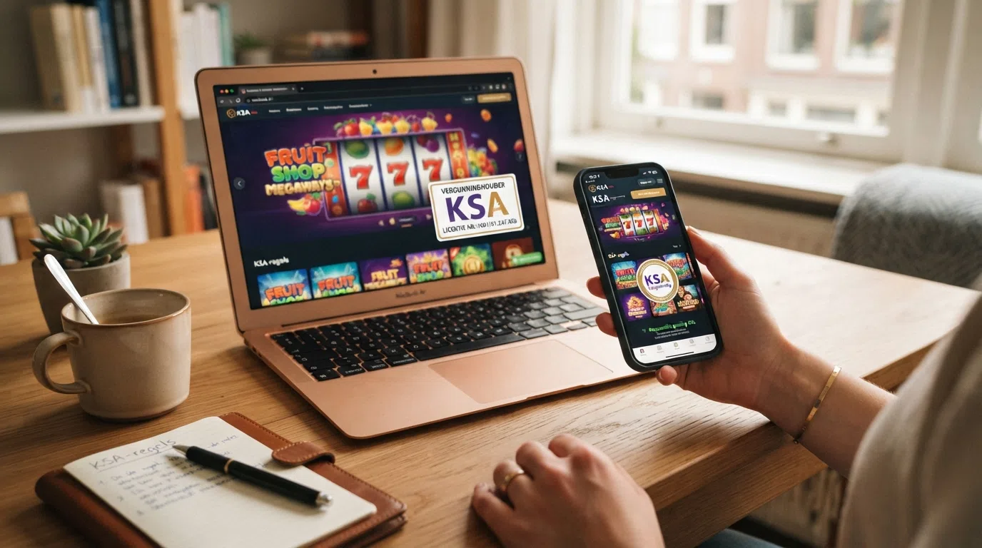 Een laptopscherm met het KSA-logo en een CRUKS-bevestiging naast een geopende casinopagina met een slot in beeld