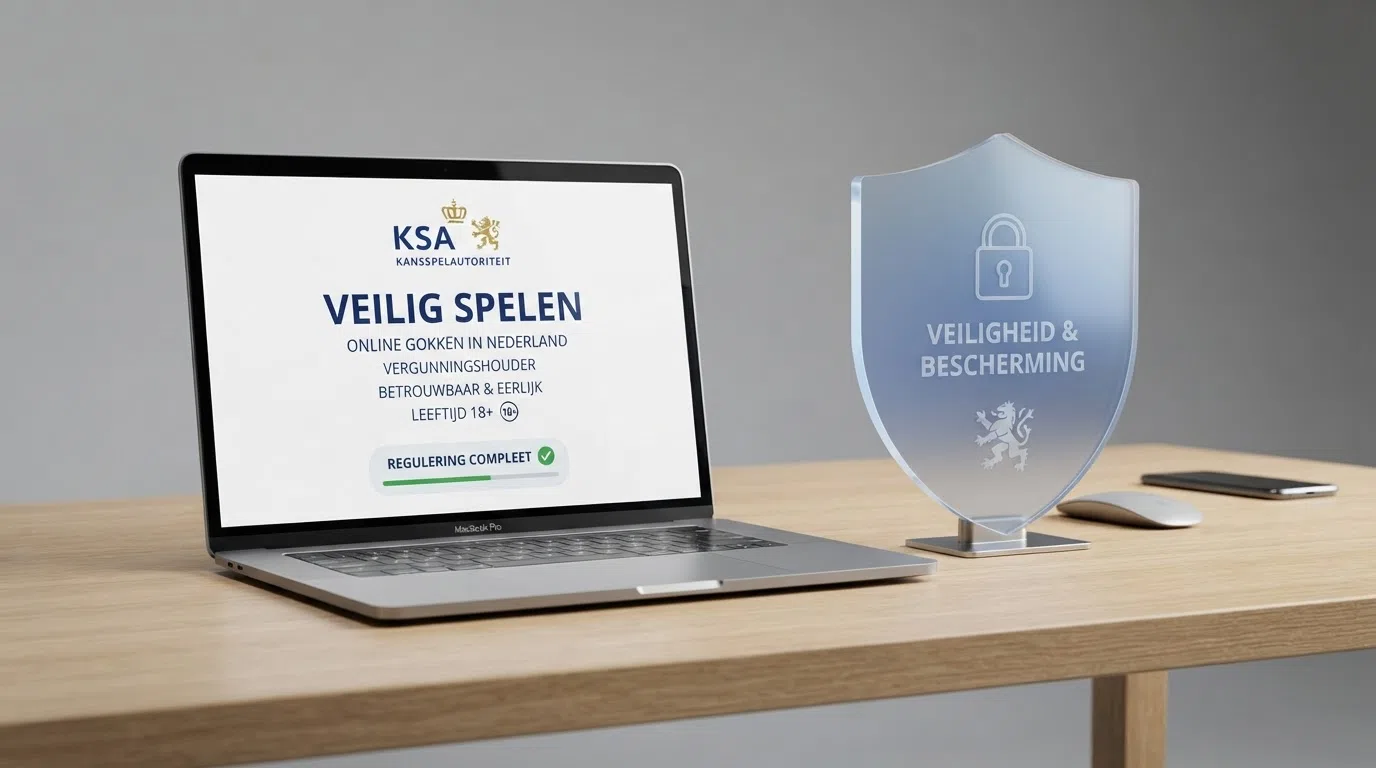 Een screenshot van het KSA-logo of de vergunningcheck-pagina op kansspelautoriteit.nl, met een vinkje of keurmerk zichtbaar