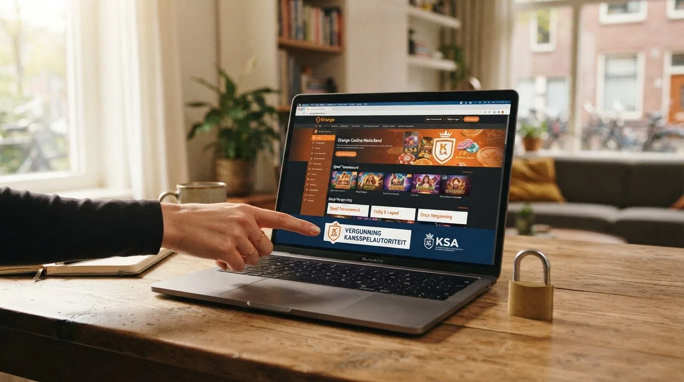 Het KSA-keurmerk op een casino-homepage naast een hangslot en de tekst “Vergunning Kansspelautoriteit”