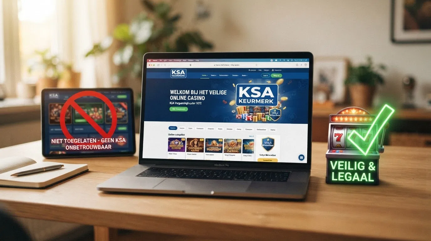 Het blauwe KSA-keurmerk op een scherm, daarnaast een slot-icoon met een vinkje en een uitroepteken naast een illegaal casino-scherm met een rood kruis