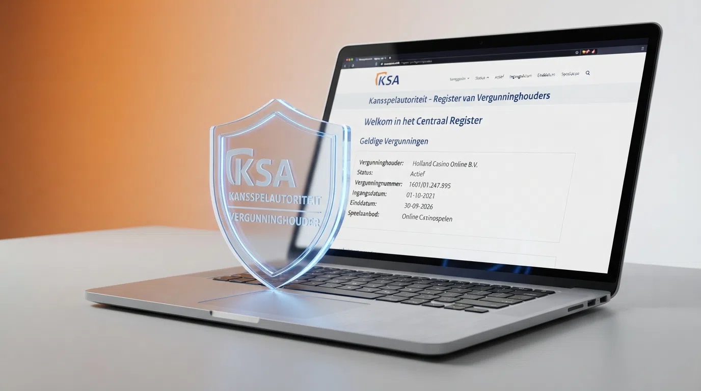 Het Kansspelautoriteit-logo en een screenshot van het Kansspelwijzer-register waarin een vergunninghouder zichtbaar is