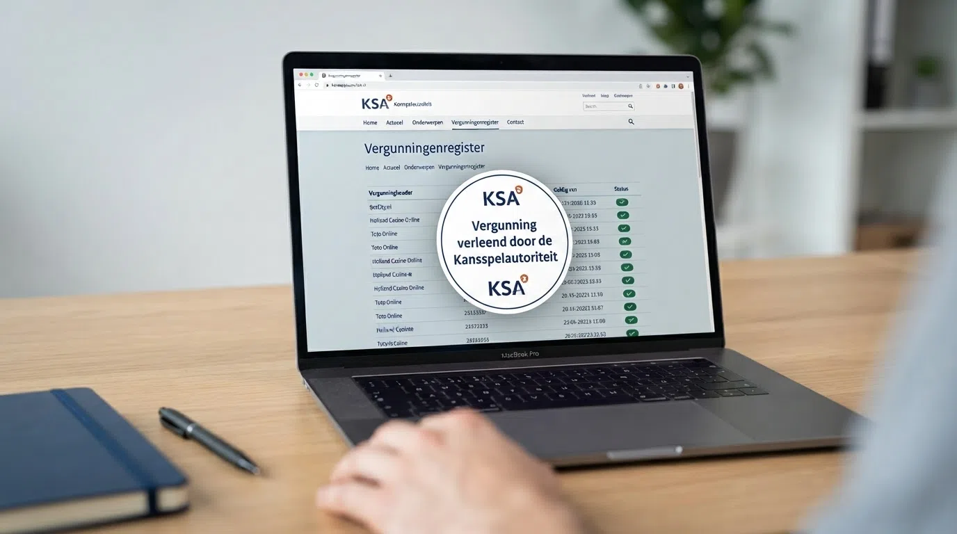 Het witte KSA-keurmerk op een casino-website met het vergunningnummer en de tekst “Vergunning verleend door de Kansspelautoriteit”