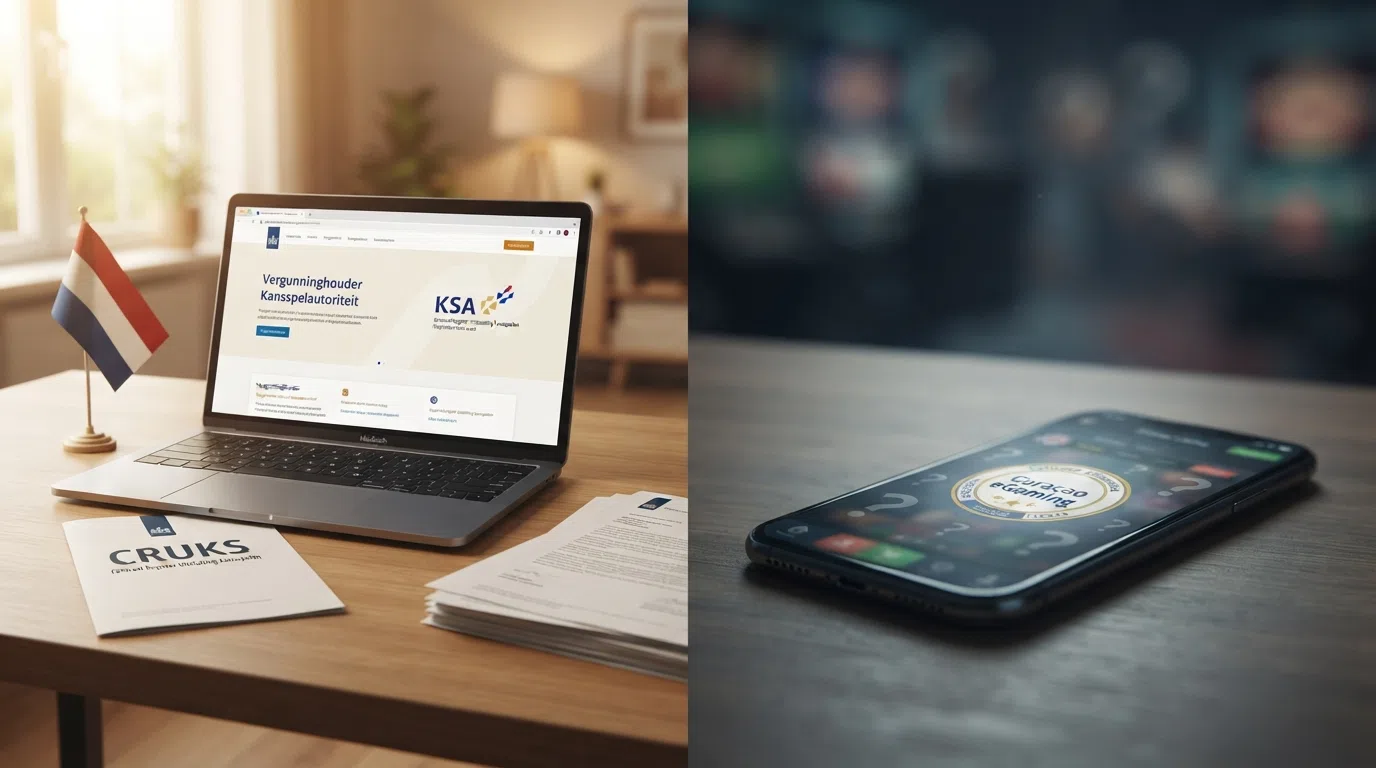 Een split-screen met links het KSA-keurmerk en de tekst “Vergunninghouder Kansspelautoriteit” en rechts een anoniem Curaçao-licentielogo