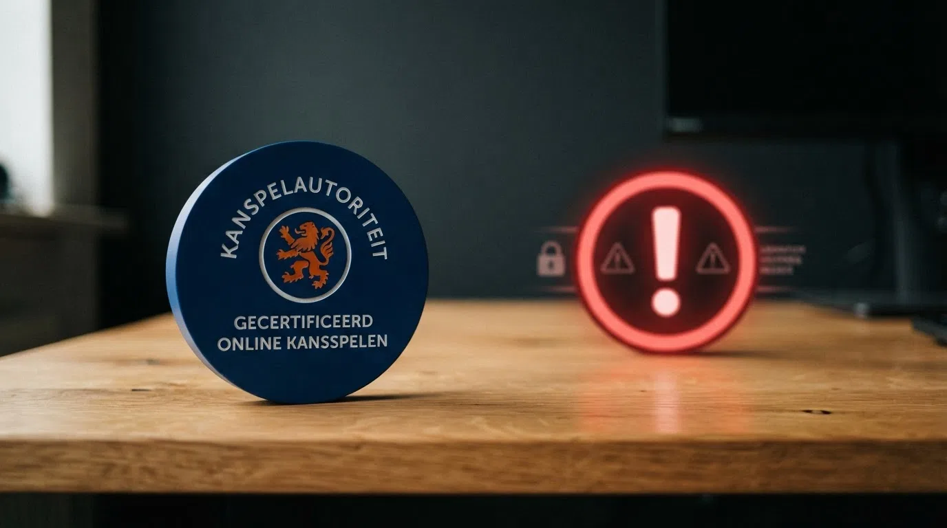 Een KSA-keurmerk naast een rood gemarkeerd waarschuwingssymbool voor offshore aanbod zonder vergunning