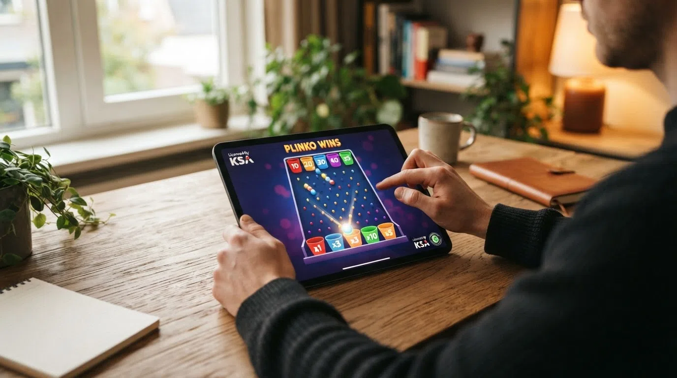 Een overzichtelijk vergelijkingsscherm met casino-logo's naast een KSA-keurmerk en een Plinko-spelvenster op de achtergrond.