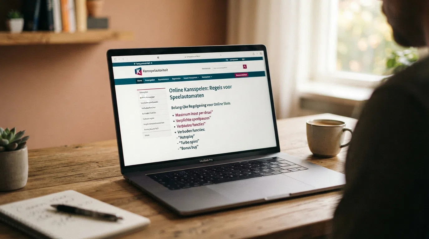 Een scherm met de Kansspelautoriteit-website en een lijst van verboden functionaliteiten op Nederlandse online slots