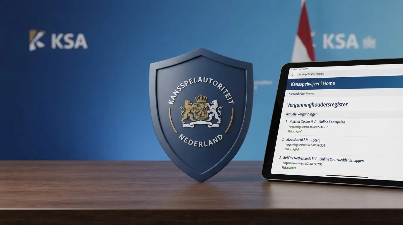 Het logo van de Kansspelautoriteit en een fragment van de Kansspelwijzer met vergunninghouders
